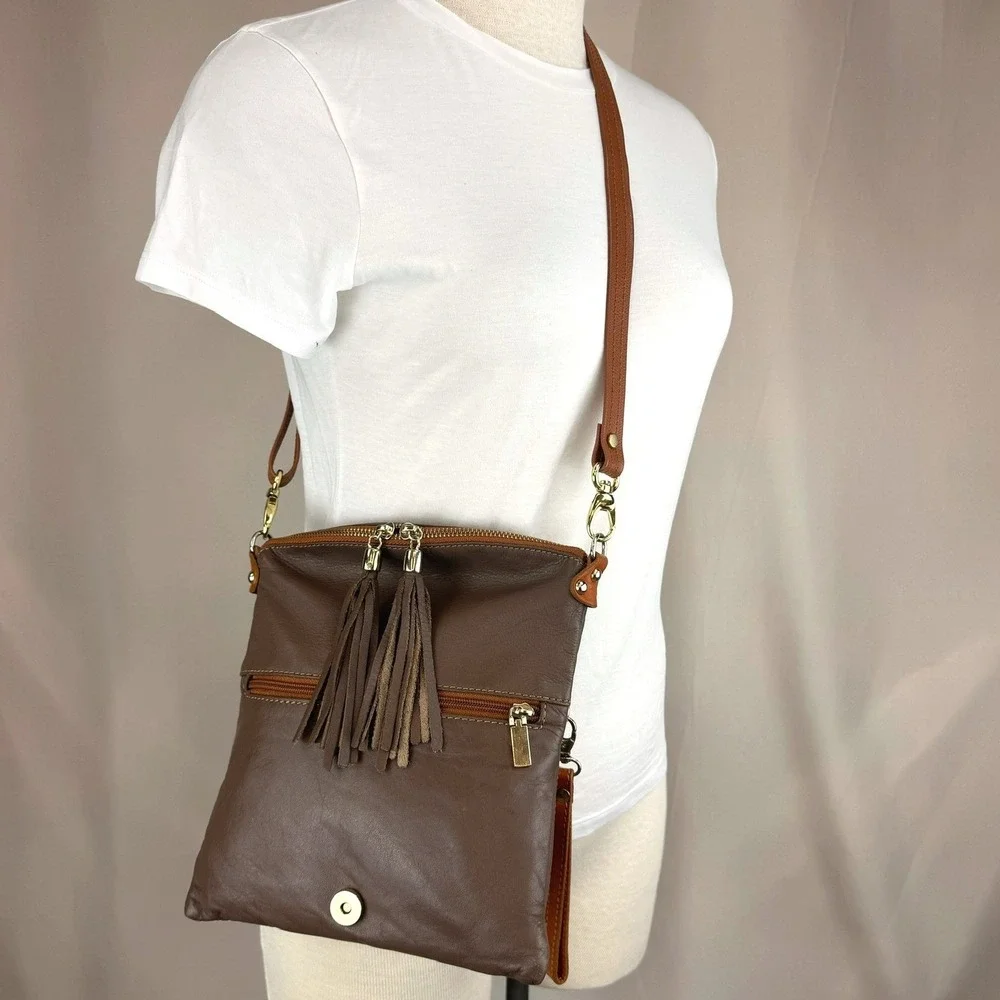 Vintage PONTI FIRENZE Brown Leather Crossbody Purse Bag Tassel Italy Travel
